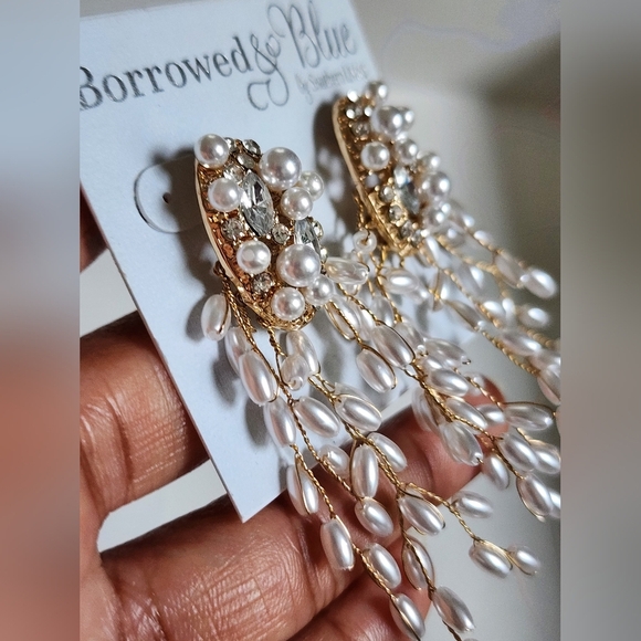 New Borrowed and Blue Women's Pearl & Rhinestones Drop Gold Vines Stud Earrings - Picture 8 of 13